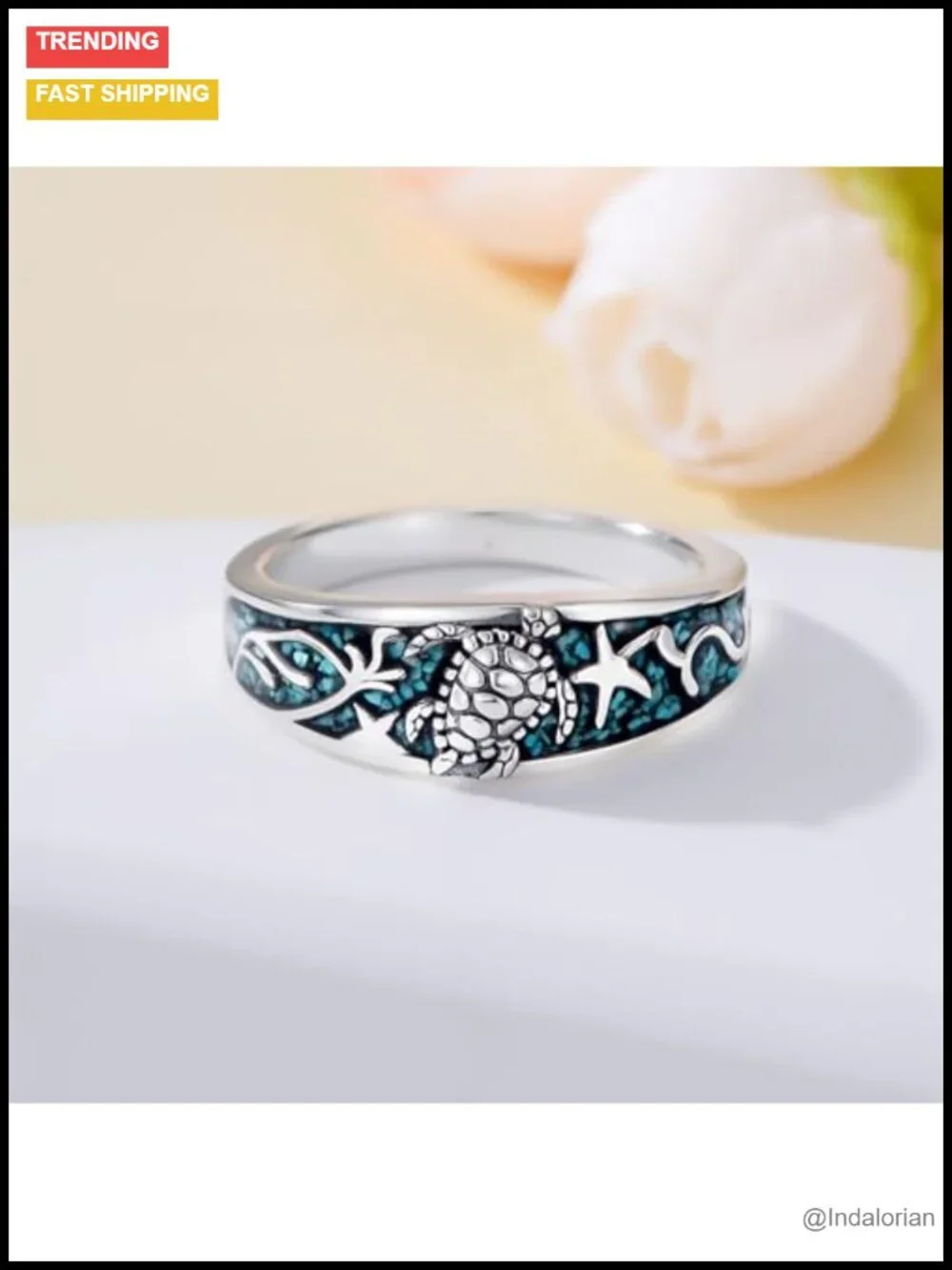 925 Sterling Silver Turquoise Ring Pave Turtle Boho Western Jewelry
